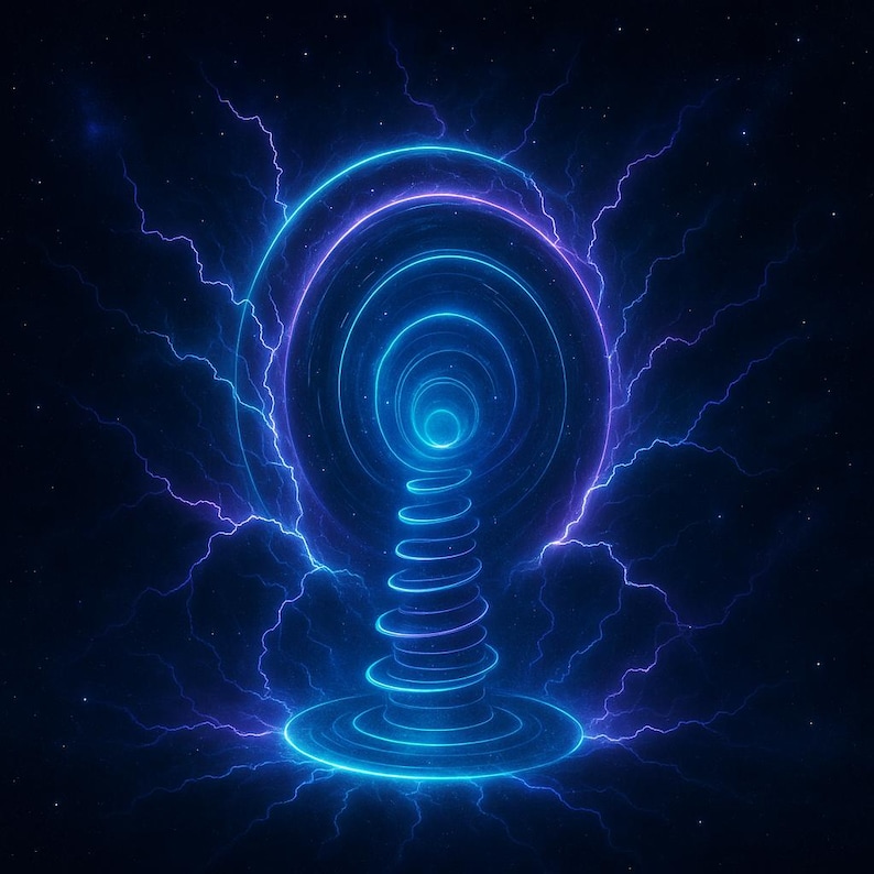 May include: Abstract digital art featuring a glowing blue and purple energy vortex. The design includes concentric circles, a central spiral, and lightning-like effects against a dark background, creating a futuristic and dynamic visual.