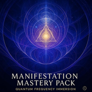 May include: Digital art with a blue and gold color scheme. The image features concentric circles and a central triangle with a bright light. Text at the bottom reads "MANIFESTATION MASTERY PACK" and "QUANTUM FREQUENCY IMMERSION".