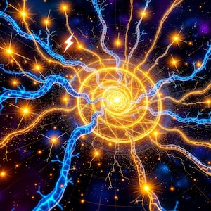 May include: Digital art depicting a vibrant, abstract energy field. A central, glowing spiral radiates golden light, surrounded by blue, vein-like structures with lightning bolt accents. The background is a deep blue with scattered stars.