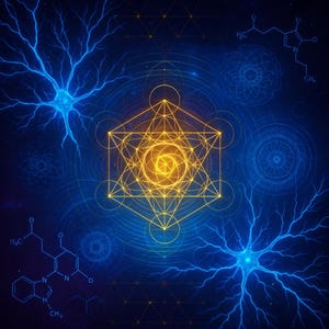 Puede incluir: Arte digital con un Cubo de Metatrón dorado y amarillo en el centro, sobre un fondo azul oscuro. También hay estructuras azules similares a neuronas y diagramas moleculares, creando un tema cósmico y científico.