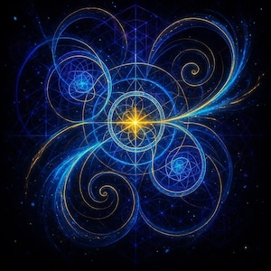 Puede incluir: Arte digital abstracto con fondo oscuro que presenta un estallido estelar central en amarillo, rodeado de líneas y formas geométricas azules y doradas. El diseño tiene un tema cósmico o espiritual.