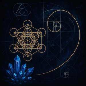Puede incluir: Impresión artística digital con el Cubo de Metatrón, una espiral dorada y formas geométricas sobre un fondo azul oscuro. Un grupo de cristales azules en la parte inferior izquierda. Tema espiritual y místico.