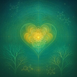 May include: An abstract digital art piece with a teal and gold color scheme. The artwork features a central heart-shaped design with geometric patterns and a bright yellow center. Two stylized trees flank the heart.