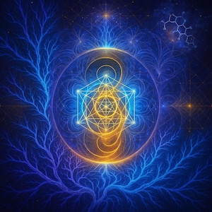 May include: Abstract digital art featuring a geometric design with a central cube and circular patterns in shades of blue and gold. The artwork includes fractal-like tree branch formations and a molecular structure in the upper right corner.
