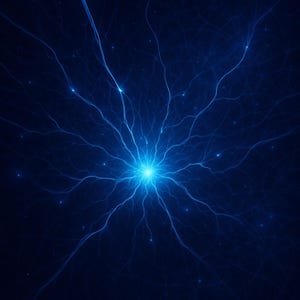 May include: Abstract digital art of a bright blue central point with radiating lines, resembling a burst of energy or a neural network, against a dark blue background. Small, glowing dots are scattered throughout the image.