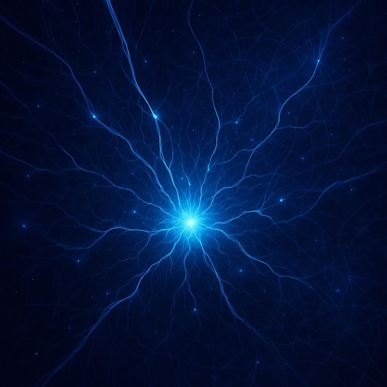 May include: Abstract digital art of a bright blue central point with radiating lines, resembling a burst of energy or a neural network, against a dark blue background. Small, glowing dots are scattered throughout the image.