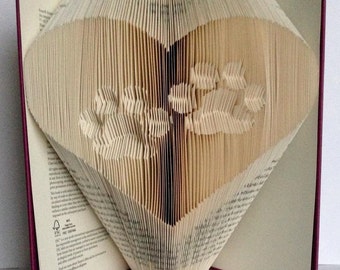 Book folding art pattern for a heart with paw prints