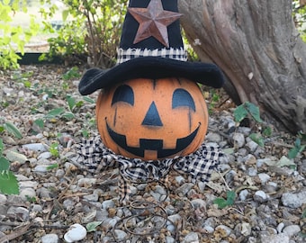 HALLOWEEN Folk Art Jack O' Lantern Pumpkin Spring Nodder 13" ~ Primitive Handmade - Poppywise