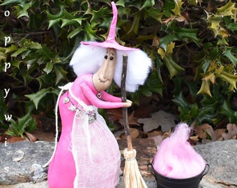 BRUJA HECHIZO DE AMOR - OoaK Primitive Valentine Folk Art Doll con escoba y caldero - 14" - Brujería ~ Magia ~ Poppywise
