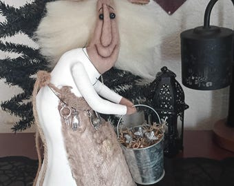 White Witch HALLOWEEN Handmade Primitive Folk Art Doll with Pail & Pumpkin – 14" Tall - Poppywise