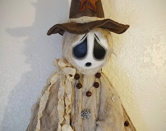 HALLOWEEN Tattered Hanging Witch Ghostie Folk Art Doll with Iron Key – 45" Primitive Handmade - Poppywise