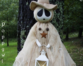 OOAK Primitive HALLOWEEN Folk Art Tattered Witch Ghost Doll with Lantern and Timer Tea Light - 50" Long * POPPYWISE *