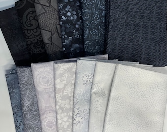 13 FQ Bundle in blenders; black, gray, silver, white, navy, floral, Asian; Quilt Shop Quality. Last one! Free shipping!