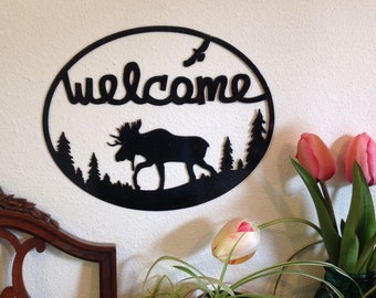 moose metal art welcome sign, moose cabin decor, front door sign, new homeowner gift, nature lover, home decor, country home decor