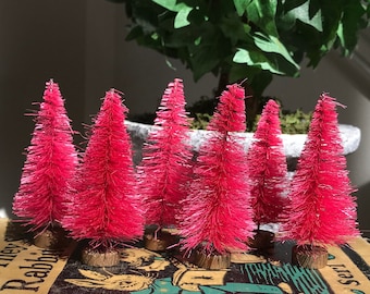 Six 3" hot pink hand dyed bottle brush trees; magenta trees; fuchsia trees; pink Christmas trees; breast cancer awareness decor