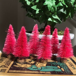 Six 3" hot pink hand dyed bottle brush trees; magenta trees; fuchsia trees; pink Christmas trees; breast cancer awareness decor