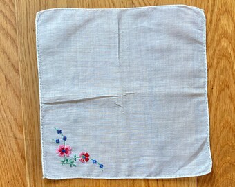 Vintage white cotton handkerchief with hand embroidered flowers