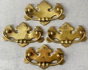 4 Vintage brass Chippendale style drop bail drawer pulls; vintage batwing tarnished drawer pulls