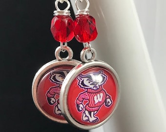 Wisconsin Badgers inspired earrings with cardinal faceted bead