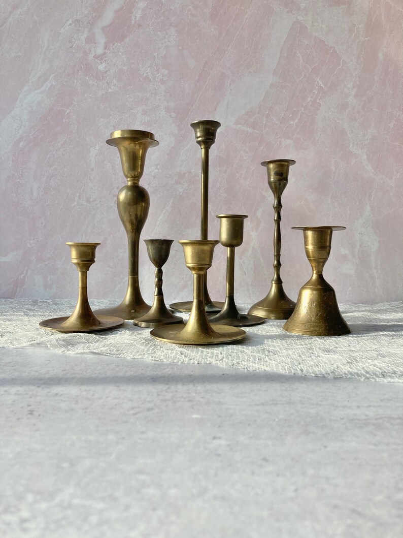 8 Mismatched Tarnished Brass Candlesticks Etsy