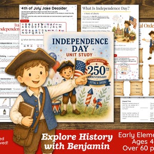 May include: A collection of Independence Day educational worksheets featuring a central unit study cover with a cartoon character holding an American flag. The pages include a joke decoder, historical facts, vocabulary exercises, and time-telling activities for children.