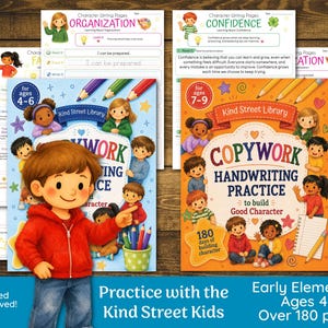 May include: Two educational workbooks titled Copywork Handwriting Practice to build Good Character for ages 4-6 and 7-9, featuring illustrated children, colored pencils, and stars. Includes sample writing pages for organization and confidence.