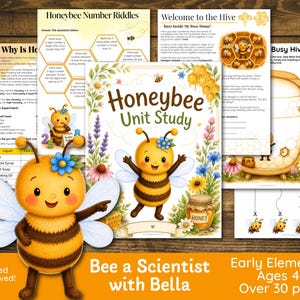 Puede incluir: Una colección de hojas de trabajo educativas tituladas Honeybee Unit Study que presenta un personaje de abeja de dibujos animados llamado Bella, ilustraciones florales, tarros de miel y patrones de panal. Incluye acertijos, experimentos y actividades.