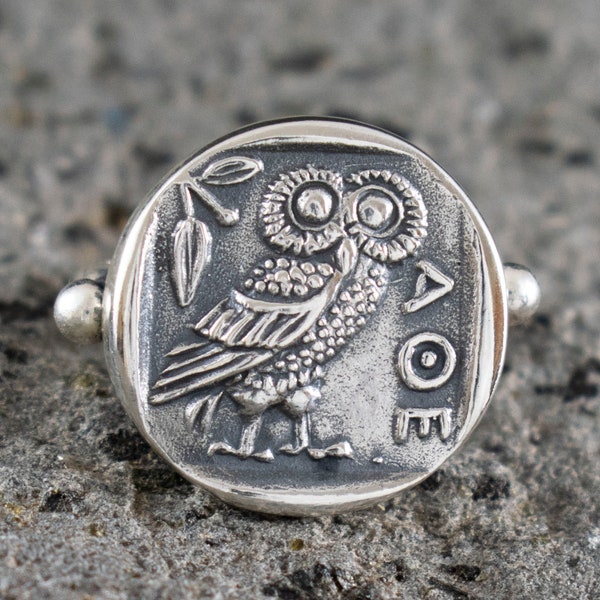 Bague Chouette d'Athènes Fabriquée à la Main en Argent Sterling 925 - Taille Us 8 1/2 - Déesse Athéna Oiseau Sacré - Symbole de Sagesse et de Connaissance - Grèce