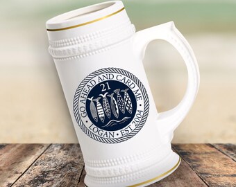 Personalized Birthday Beer Stein, 21st Birthday Gift for Him, 21st Birthday Gifts for Guys, Custom Nautical Beer Glass, Sardine Mug for Her