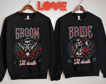 Bride and Groom Sweatshirt, Couple's Goth Sweatshirt, Skeleton Wedding Crewneck, Gift for Husband Wife, Goth Clothes, Bridal Vampire Gothic