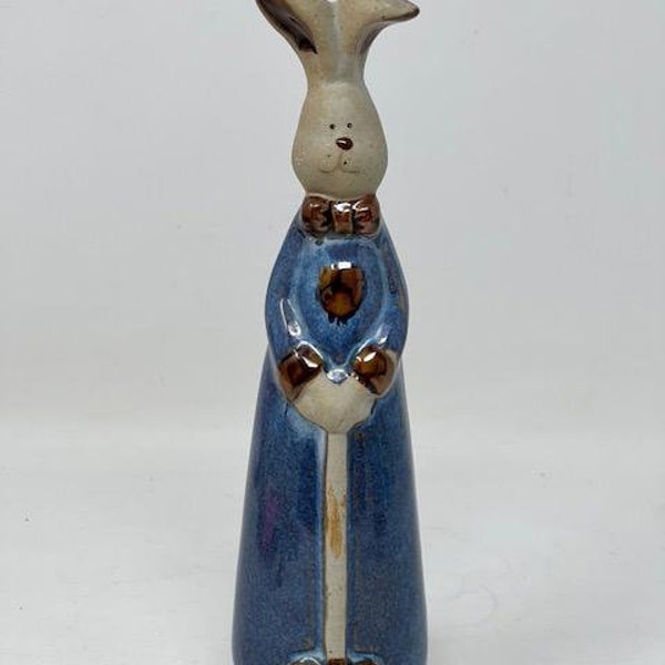 Darling Stoneware Bunny Glazed Blue Coat Slender Rabbit Figurine