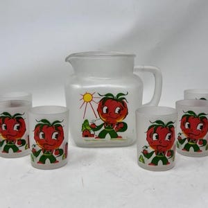 Vtg Hazel Atlas Anthropomorphic Frosted Glass Juice Pitcher Tomato W / 6 Glasses