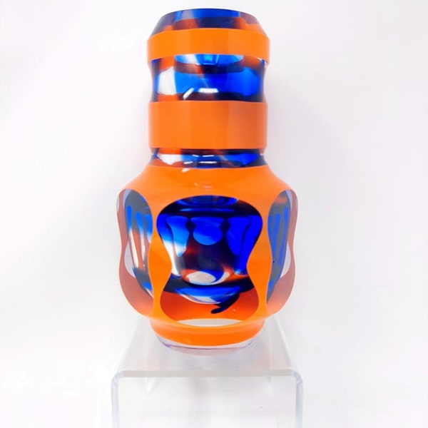 Vintage Mid Century Orange and Blue Cubic Moser Glass Vase