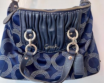 Authentic Cobalt Blue Ashley Dotted Op Art Signature Coach Handbag Purse