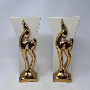 Vintage Pair Art Deco Gazelle Ceramic Vases