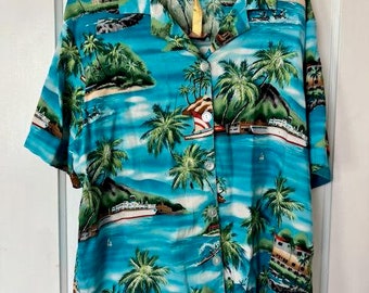 Vintage Tapesty Men's Hawaiian Button Down Shirt Palm Trees Boats - Size M