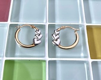 14K Solid Gold Heart Hoops Two Tone Vintage 14k Triple Heart Coquette Real Gold Earrings Romantic Old Money Aesthetic  Earrings Gift for Her