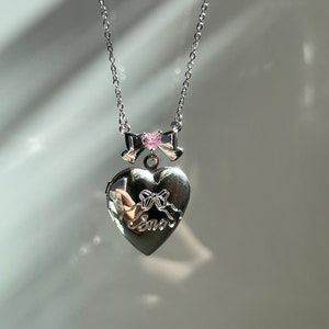 Coquette Bow Heart Locket Necklace Y2k Bow Choker Fairy Grunge Ballet Core Priscilla necklace indie jewelry Valentine's Day Gift for Her