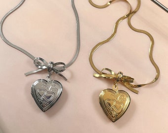 Collar con medallón de corazón coqueto, gargantilla de corazón con lazo estilo cabaña, hada grunge, joyería indie de acero inoxidable, regalo de San Valentín para ella