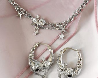 Y2k Jewelry Set Coquette Bow Hoops & Choker Hime Gyaru Mcbling Star Necklace