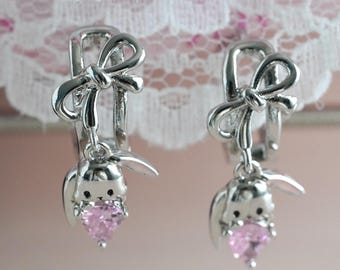 Coquette Bow Earrings Bunny Holding Heart Hoops Fairycore Easter Jewelry Hime Gyaru