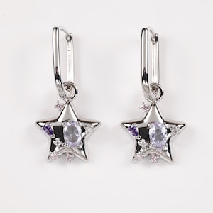 Y2K Star Hoop Earrings, Grunge Purple Gemstone 2000s Fairycore Shoujo Jewelry Kpop Indie Accessories