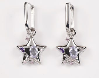 Y2K Star Hoop Earrings, Grunge Purple Gemstone 2000s Fairycore Shoujo Jewelry Kpop Indie Accessories