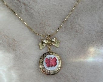 Vintage Locket Necklace Coquette Bow Butterfly Locket Necklace Y2k Bow Choker Fairy Grunge indie Rare Valentine's Day Gift Vintage Jewelry