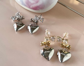 Coquette Bow Earrings Heart Locket Earrings Y2k Bow Ballet Core Bow Studs indie Aesthetic Romantic It girl Pinterest jewelry Gift for Her