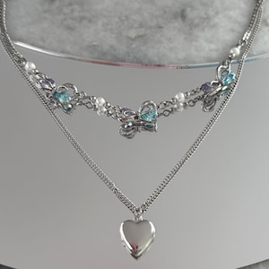 Y2k Bow Locket Grunge Necklace blue bow ribbon layered Necklace Chunky Grunge Necklace Alt Jewelry Acubi Nana Anime Indie Aesthetic K Pop