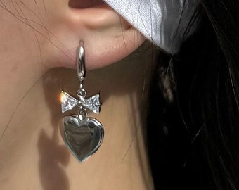 Coquette Heart Locket Bow Earrings Y2k Angelic Ballet Core Jewelry Indie Aesthetic Bow Heart Romantic Valentine's Day Gift Trendy Earrings