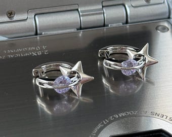 Y2k Star Earrings Floating Gem Hoop Grunge Huggies Nana Anime Stainless Steel Alt Jewelry