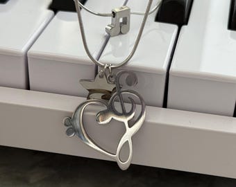 y2k music clef heart pendant necklace music note snake chain necklace with star stainless steel nana anime grunge minimalist alt jewelry