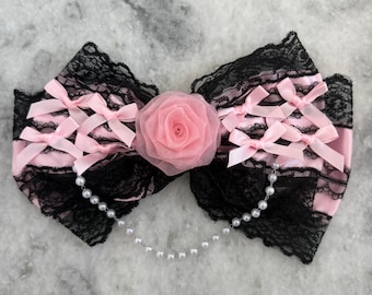 Gyaru Oversized Bow Hair Clip Pink Lace Frilly Camellia Pearl  Hair Accessories Hime Agejo Jfashion Cosplay